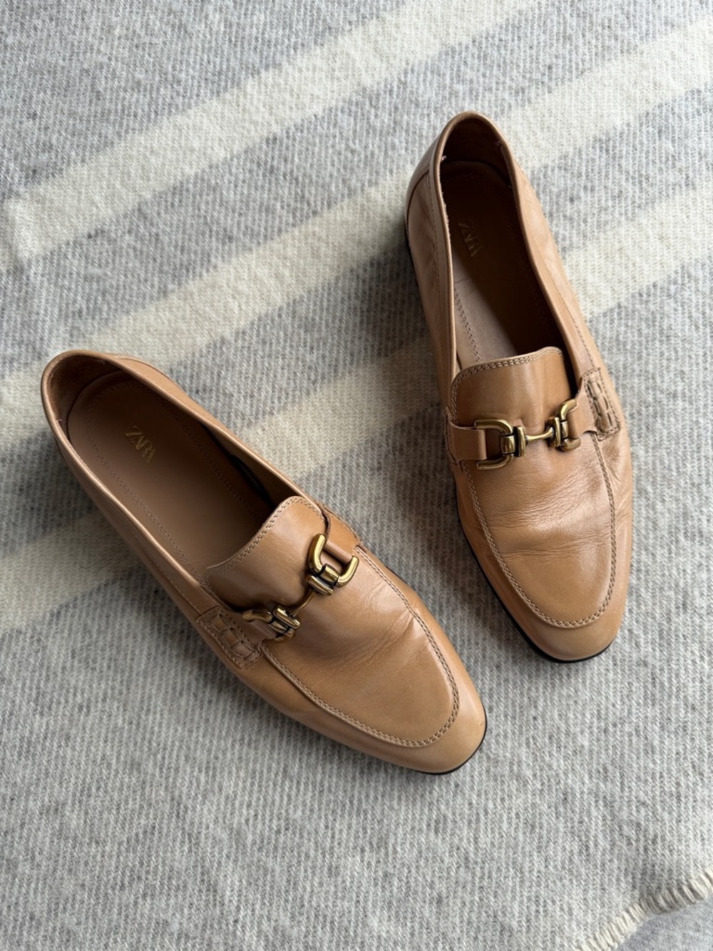 Zara Tan Leather Loafers with Gold Buckle